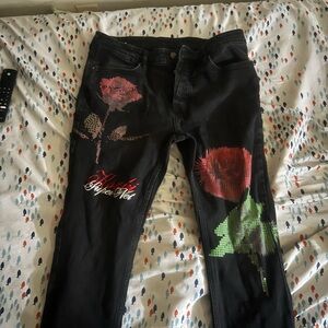 Ksubi Black Jeans with Red and Green Rose Design